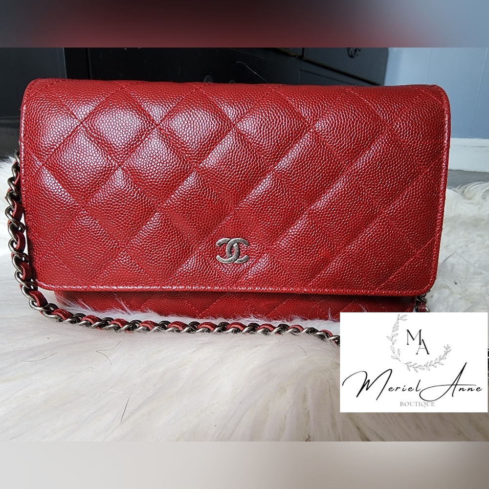 CHANEL Caviar Quilted Wallet On Chain WOC Red